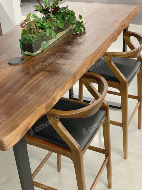 Preview: Walnut slab live edge bar table chairs decor interior design furniture