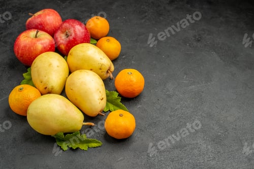 Preview: front view fresh sweet pears with tangerines and apples on grey background fruit color ripe photo