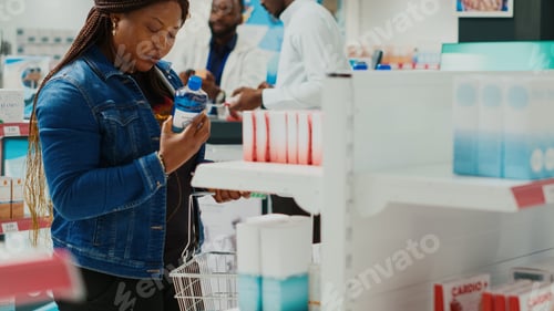 Preview: Female customer taking medical supplies from shelves