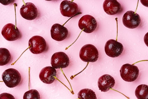 Preview: Macro, Closeup Of Wet Ripe Fresh Red Cherries With Stems, Summer Fruit On Pink Background