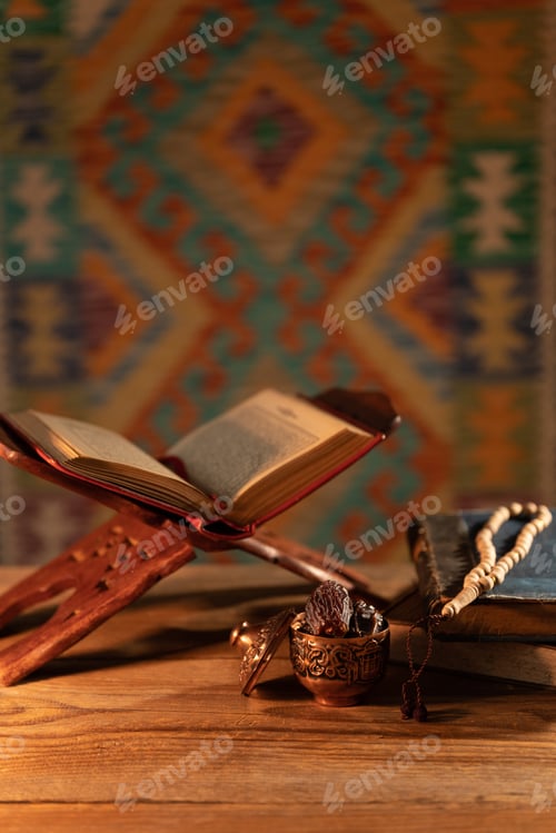 Preview: The holy book Quran on an oriental wooden bookstand and a Bosnian kilim as background
