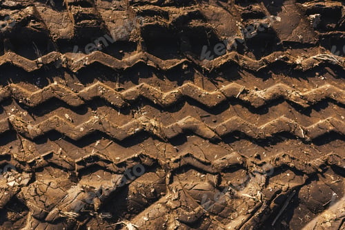 Preview: Agricultural tractor tire tracks in dirt road ground, top view