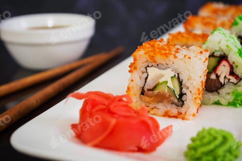 Preview: Sushi roll on dark background