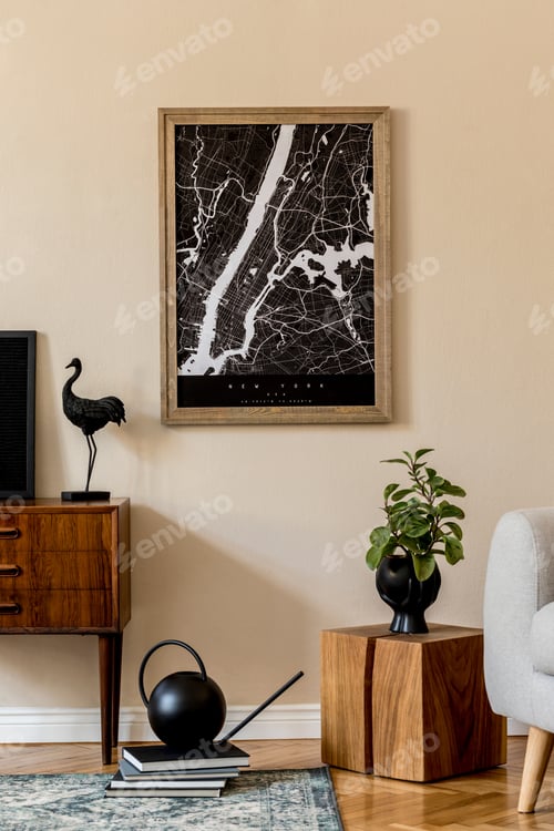 Preview: Design scandinavian home interior of living room with mock up poster map.