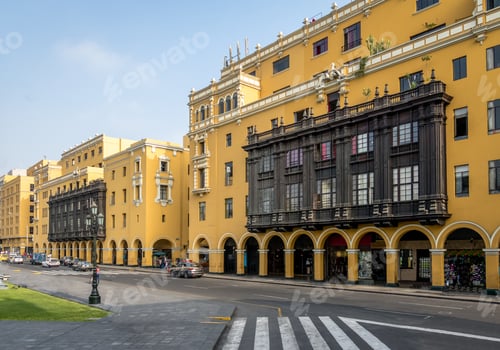 Preview: Colonial Yellow Building with Balconies in downtown Lima city near Plaza Mayor - Lima, Peru