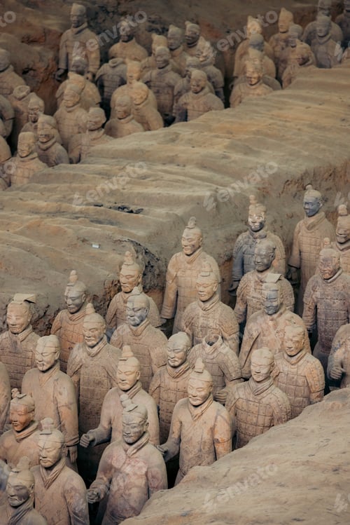 Preview: Rows of ancient terracotta warrior statues in an archaeological site. Shaanxi Province, China