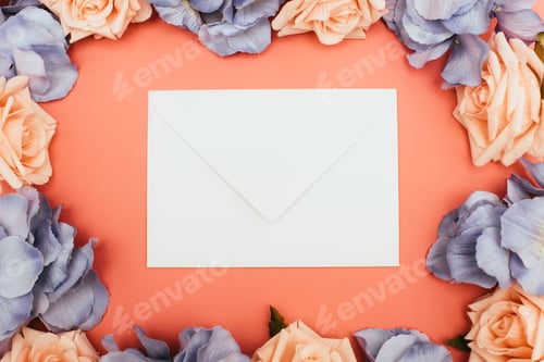 Preview: top view of white envelope and floral frame on coral background