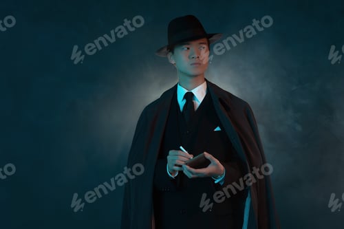 Preview: Scary Retro 1940 Asian Gangster Fashion Man. Holding Cigarette Box. Wearing Long Coat.