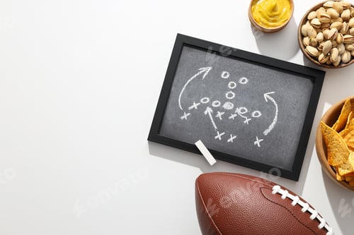 Preview: Black board with rugby ball and snacks