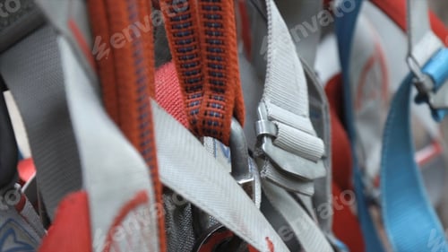 Preview: Climbing seat belt buckle. Stock. Rock climber seat belts close up