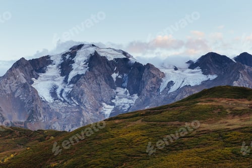 Preview: Thick fog on the mountain pass Goulet. Autumn Landscape. Georgia, Svaneti. Caucasus mountains