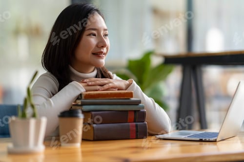 Preview: Education study abroad, Asian student girl look at laptop while doing homework making video call abr