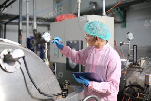 Preview: worker controlling the work of machine in production line at beverage industry.