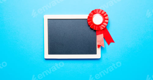 Award Ribbon on Blue Background with Blank Board