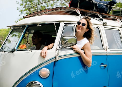Preview: Woman Sitting in a Car Put Head Out of Window Wind Blowing Her H