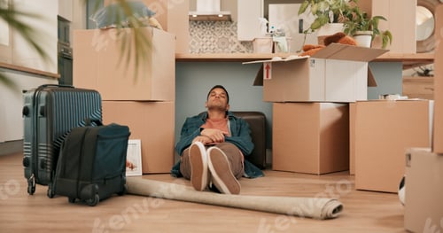Preview: Man, boxes and sleeping on floor in new house with fatigue from travel, immigration and real estate