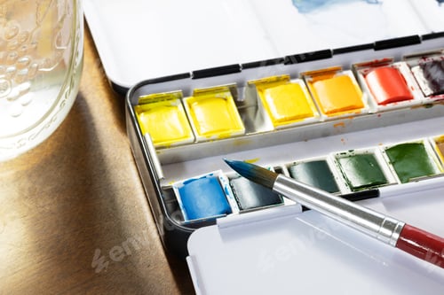Preview: Watercolor Palette with Brush on Wooden Surface