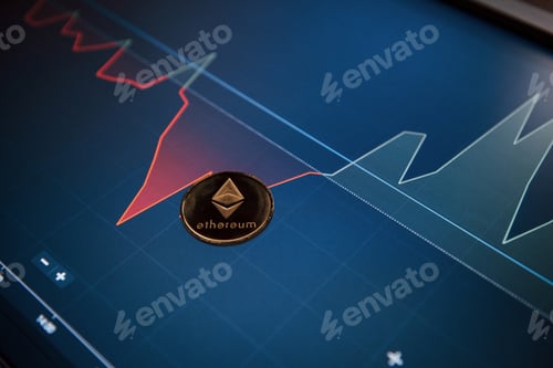 Preview: Close up view. Picture of golden coin lying on the display with graphs in office