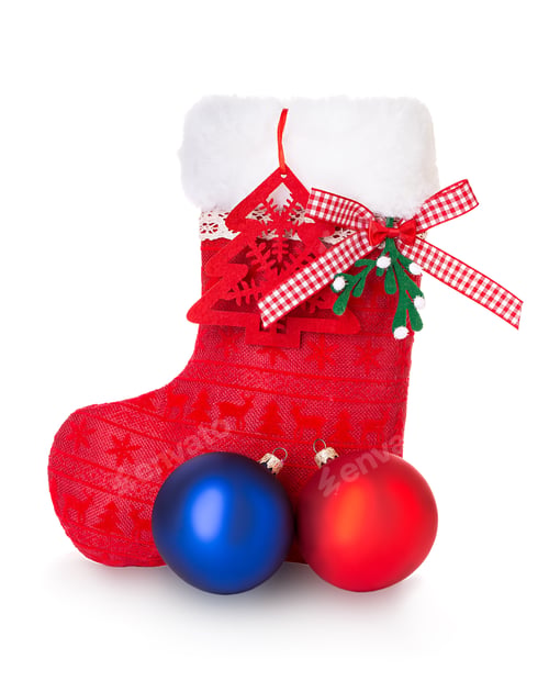 Preview: Christmas Stocking with Ornaments on White Background