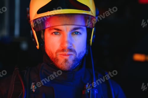 Preview: Brave young fireman wearing protective uniform.
