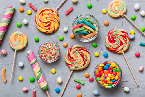 Preview: Tasty appetizing Party Accessories Happy Birthday Sweet. Different types of candies o