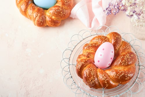 Preview: Spanish Easter cake. Traditional mona de pascua typical in Spain with boiled eggs eaten inside on pi