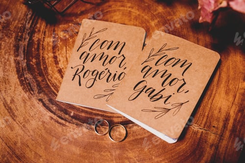 Preview: Beautiful shot of personalized hardcover couple notebooks of wooden paper color with wedding rings