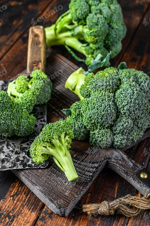 Preview: Raw Cut broccoli on a cutting board. Dark wooden background. Top view