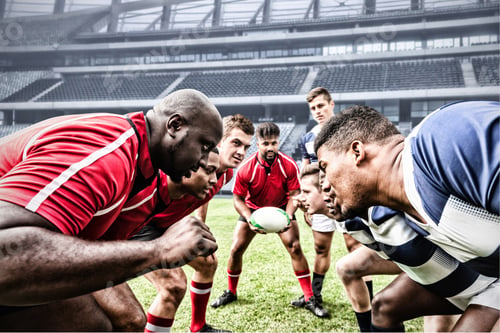 Preview: Digital composite image of team of rugby players facing each other in sports stadium