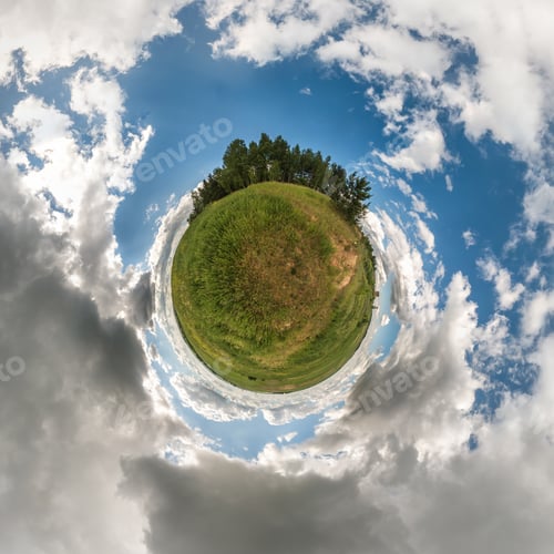 Preview: Little planet. Spherical view in a field in beautiful day with nice clouds