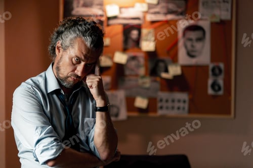 Preview: in the detective's office middle-aged investigator in a shirt and tie sits on a table looking at the