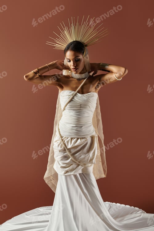 Preview: A stunning portrait of an African American woman in a white dress and pearls