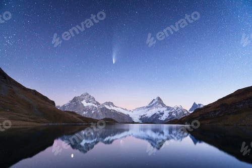 Preview: Alpine lake Bachalpsee under night starry sky with snow-covered peaks