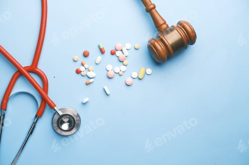 Preview: Top view of gavel, stethoscope and pills on blue background
