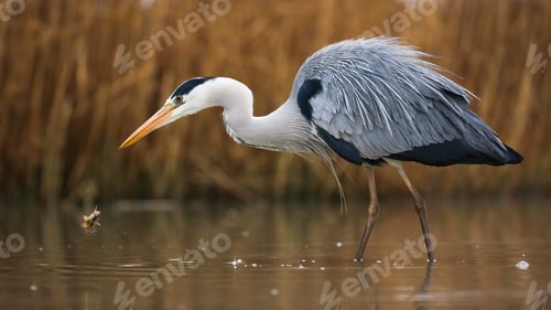 Preview: Grey heron looking to the fish in river in shot form side