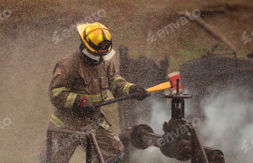 Preview: A firefighter in protective gear swings an axe while performing an emergency response