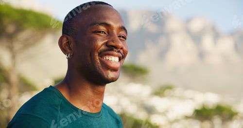 Vista previa: Happy, fitness and black man with thinking outdoor for marathon break, mountain view and relax with