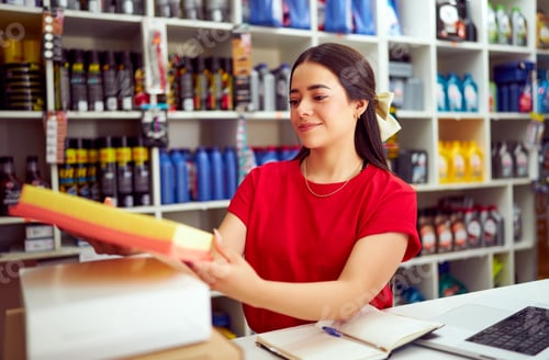 Preview: Saleswoman preparing online order in auto parts store
