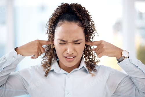 Preview: Noise, loud and woman closing her ears for the sounds in the office while working on a project. Ann