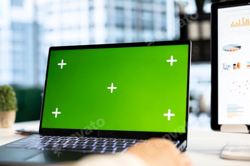 Preview: Young business entrepreneur looking at green screen mockup on her gadgets