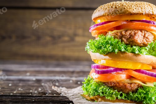 Preview: Closeup of homemade double-decker burger