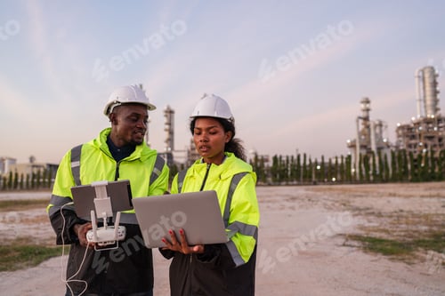 Preview: Engineer Specialists Pilot Drone on Construction Site.