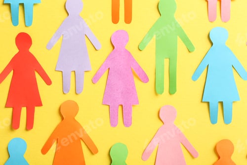 Preview: Many different paper human figures on yellow background, flat lay. Diversity and inclusion concept