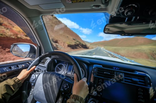 Preview: Driving off road car on high altitude mountain trail on winter day