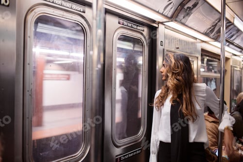 Preview: Businesswoman looking through window while traveling in subway train