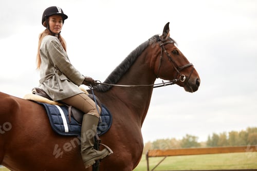 Preview: Beautiful young woman riding a horse on the field. Sideways to the camera. Freedom, joy, movement