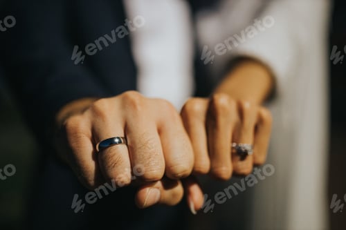 Preview: Closeup shot of a bride and bridegroom fists showing their wedding rings