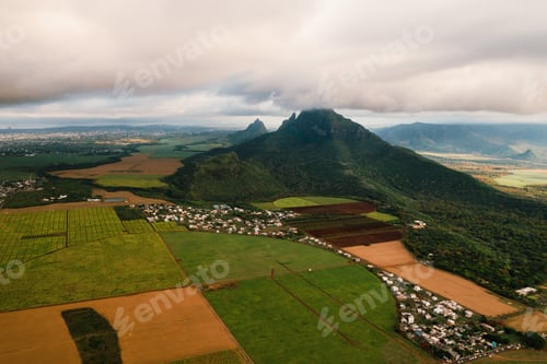Preview: Bird's eye view of beautiful fields Islands of Mauritius and mountains