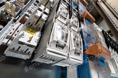 Preview: Closeup shot of an electrical switchboard with fuses and wires