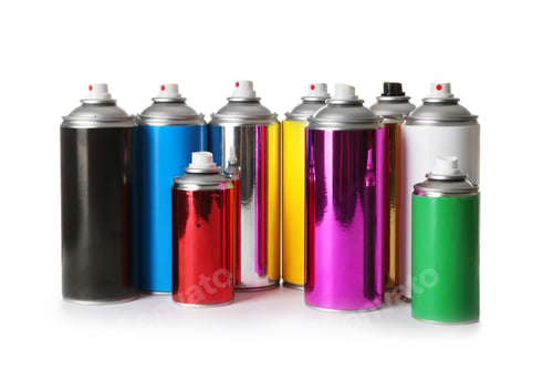 Preview: Cans of different spray paints on white background